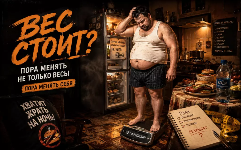 Полный мужчина на весах дома и план похудения без тренировок